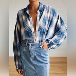 NWT Free People Kyoto Plaid Swing Top Button Down Oversized Blue Navy S Small